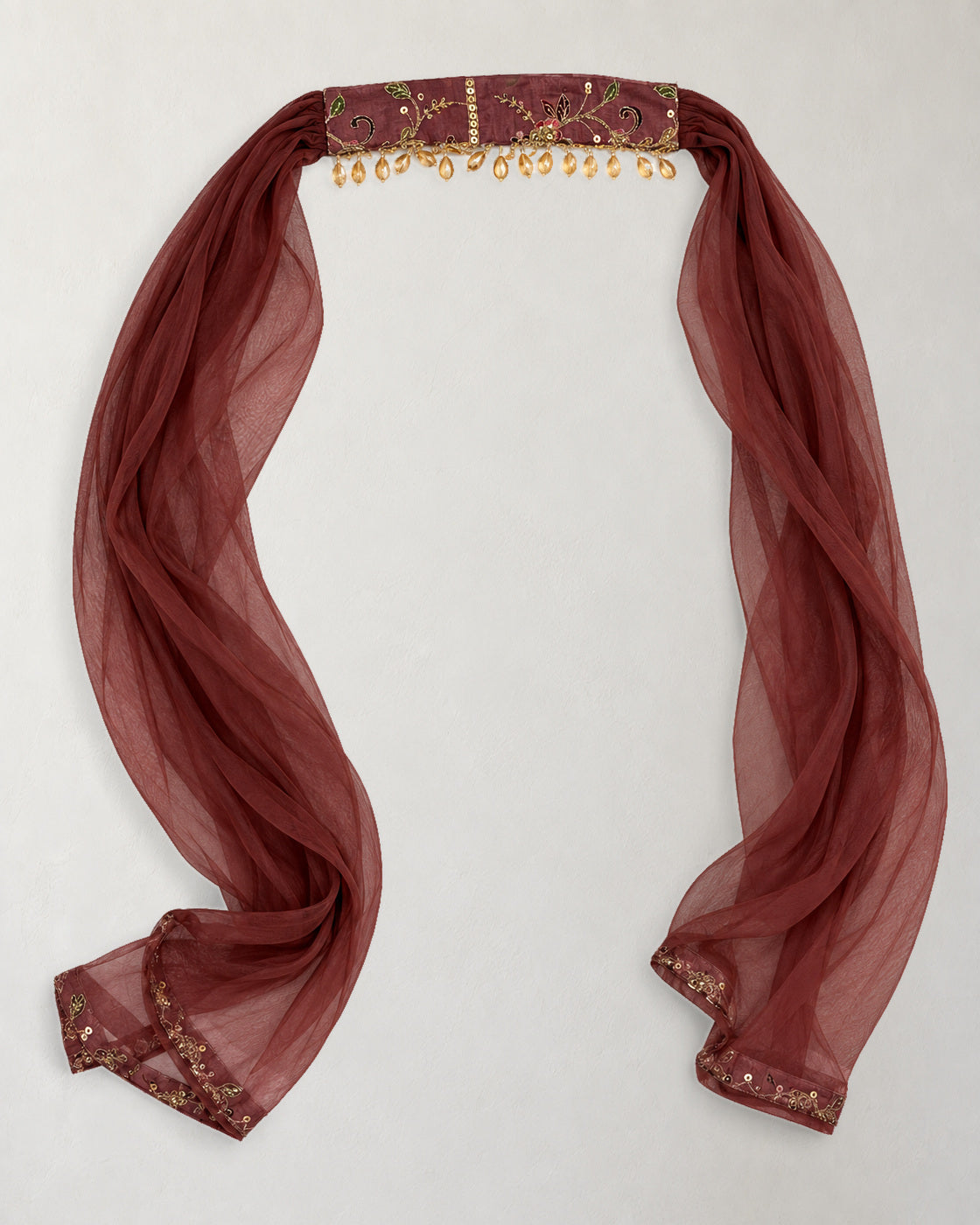 Digital garment presentation: Wine-coloured scarf with an embroidered central band, bead drops, sheer lengths and decorated ends.