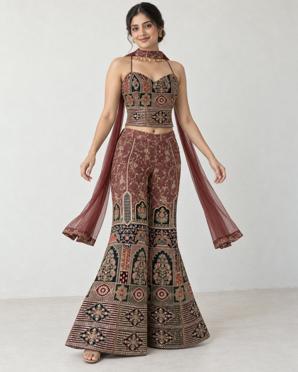 AI-styled model view: Woman in a gentle turning pose with wide trouser legs and sheer scarf lengths moving beside her.