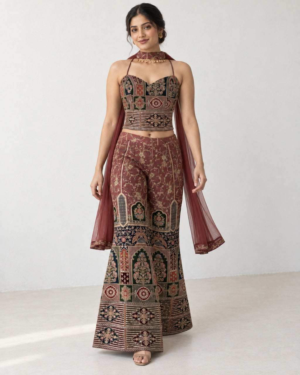 AI-styled model view: Woman taking a small step in the embroidered outfit, with the scarf falling beside her.