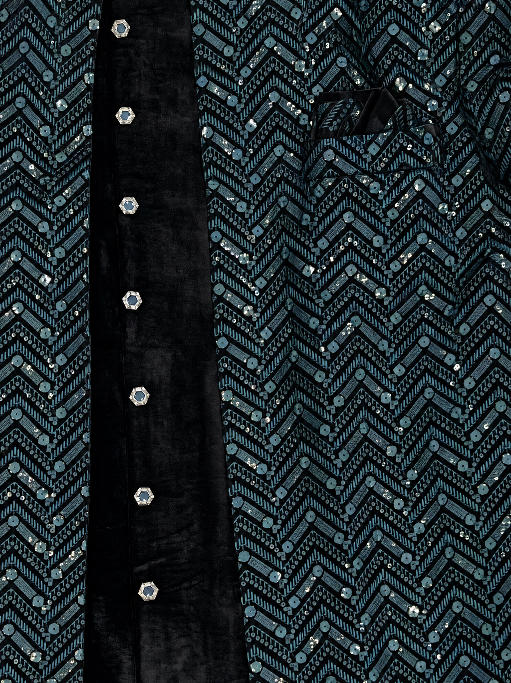 Onyx | Chevron Sequin Velvet Sherwani Set | close-up detail of faceted buttons, patterned pocket and chevron textile