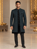 Onyx | Chevron Sequin Velvet Sherwani Set | AI-styled model view of the complete sherwani and black trousers