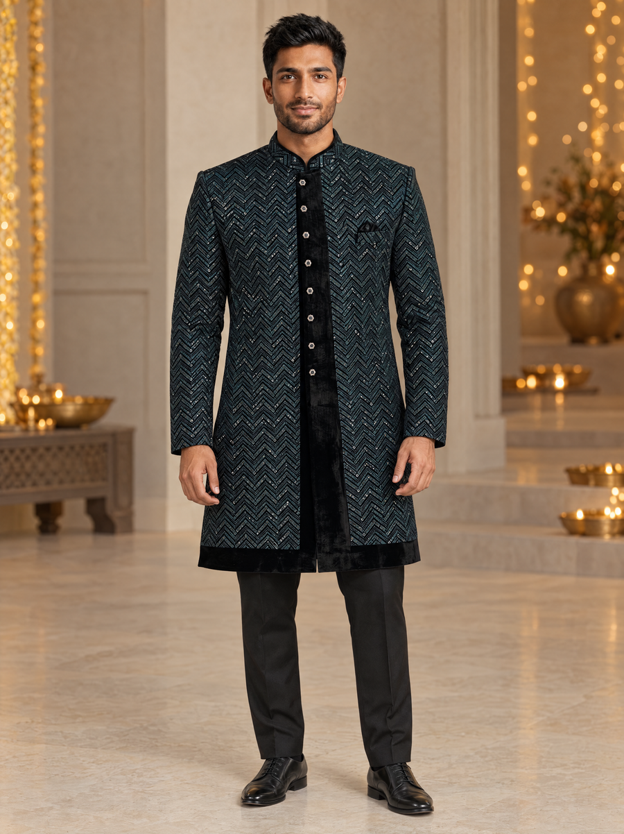 Onyx | Chevron Sequin Velvet Sherwani Set | AI-styled model view of the complete sherwani and black trousers