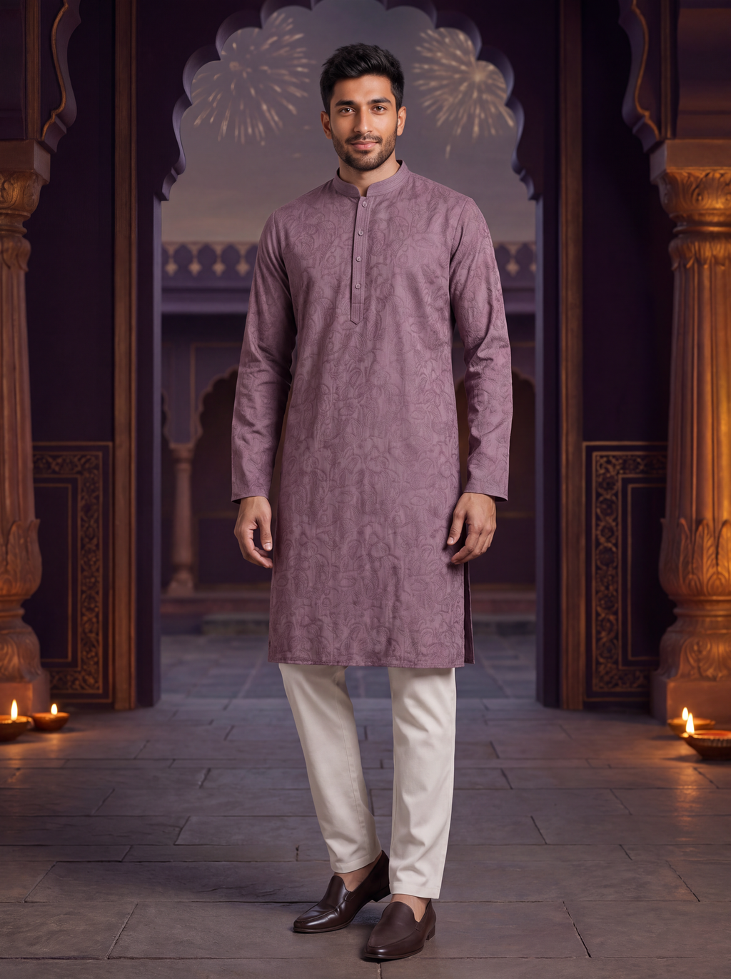 Aubergine | Paisley Cotton Kurta Set | model wearing the complete kurta and ivory pajama in a Diwali courtyard