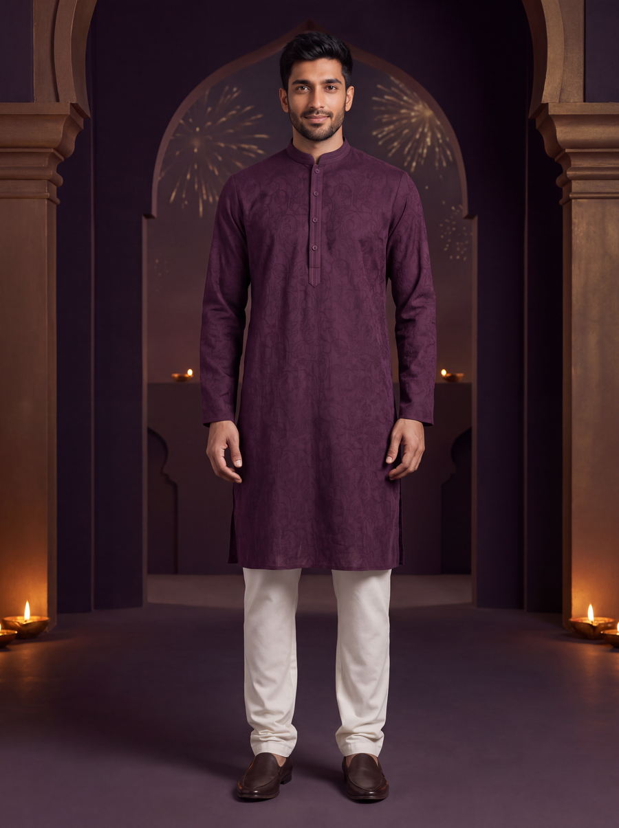 Merlot | Paisley Cotton Kurta Set | model wearing the complete kurta and ivory pajama in a Diwali courtyard
