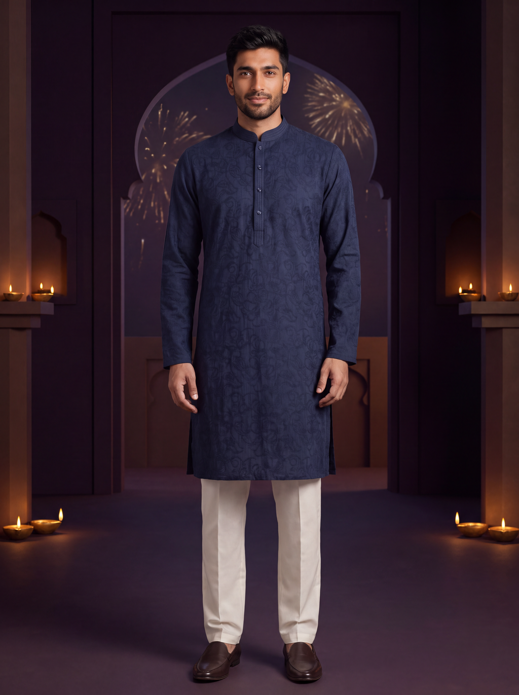 Midnight | Paisley Cotton Kurta Set | model wearing the complete kurta and ivory pajama in a Diwali courtyard