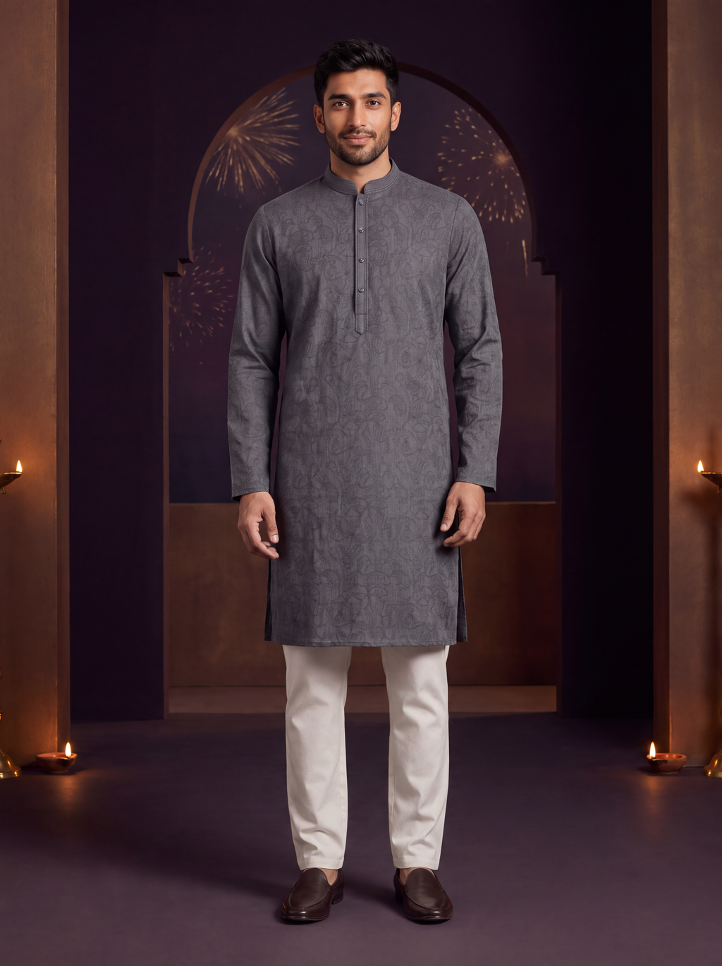 Slate | Paisley Cotton Kurta Set | model wearing the complete kurta and ivory pajama in a Diwali courtyard