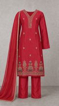 Deep Coral Red embroidered three-piece kurta set — full outfit