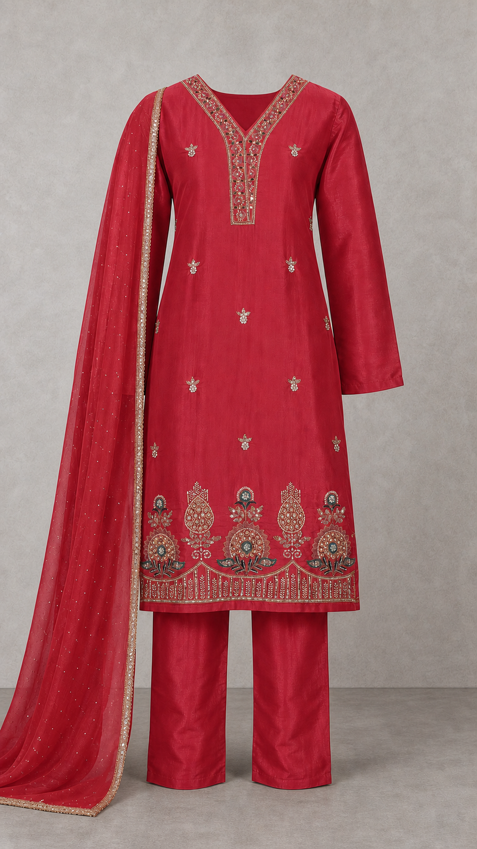 Deep Coral Red embroidered three-piece kurta set — full outfit