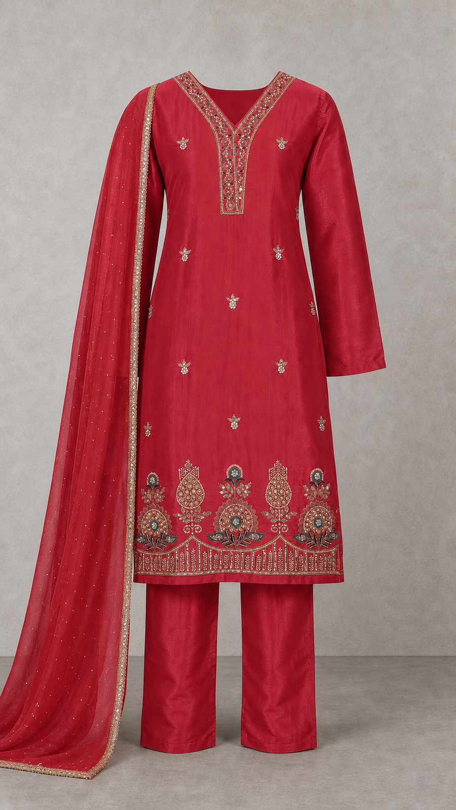 Deep Coral Red embroidered three-piece kurta set — full outfit