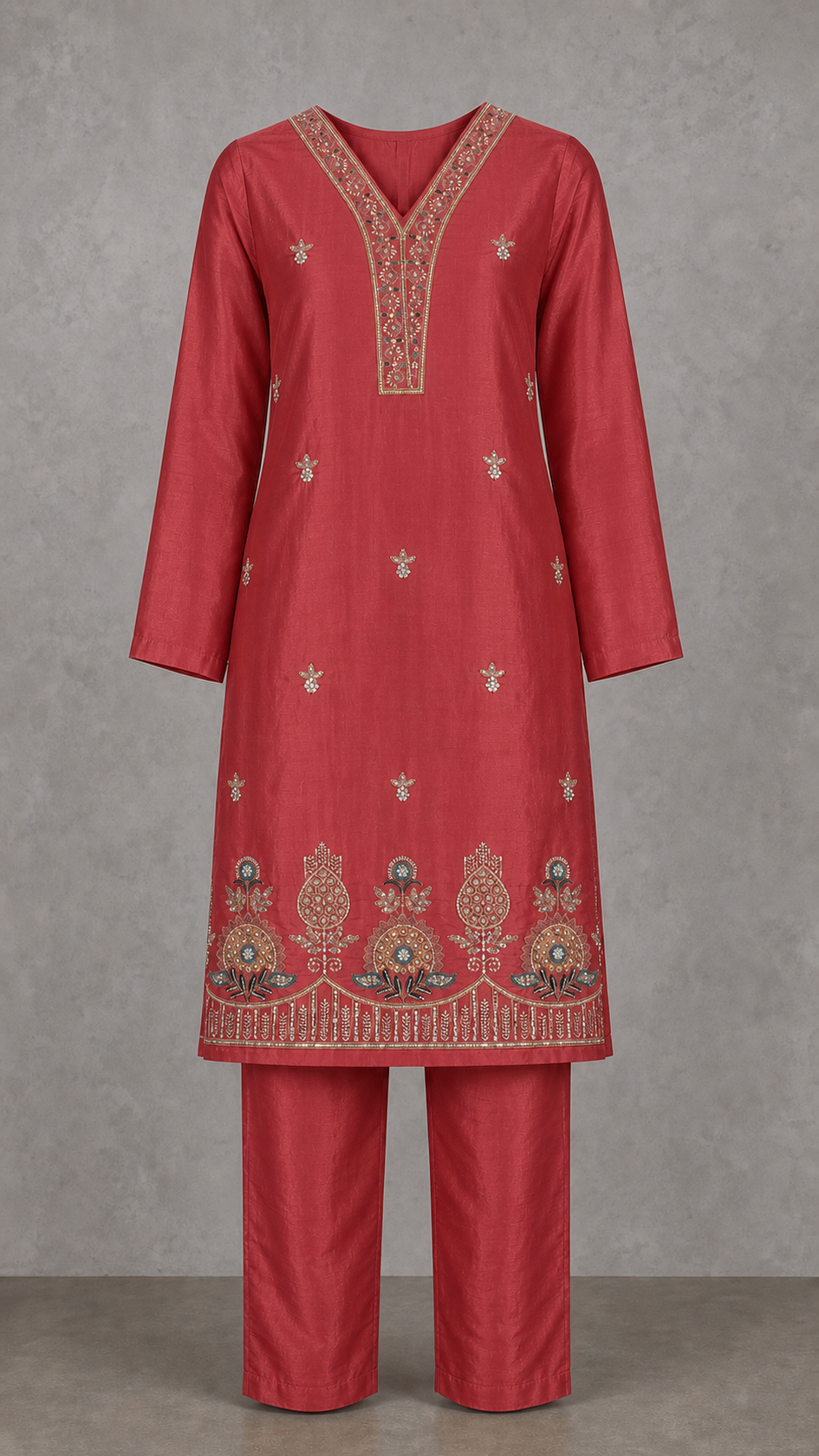 Deep Coral Red embroidered kurta and trousers — clean front