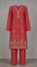 Deep Coral Red embroidered kurta and trousers — clean front