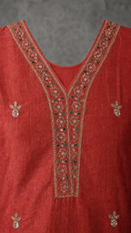Deep Coral Red embroidered V neckline with visible rear neckline — detail