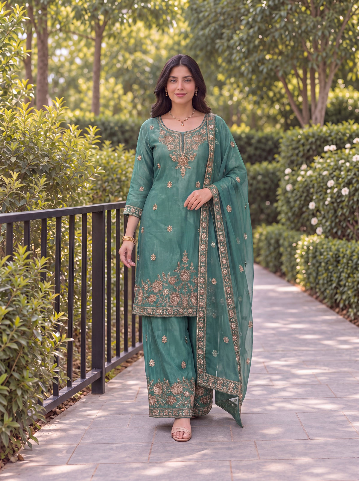 Model wearing the Jade Green Fendy embroidered three-piece palazzo set in a garden.