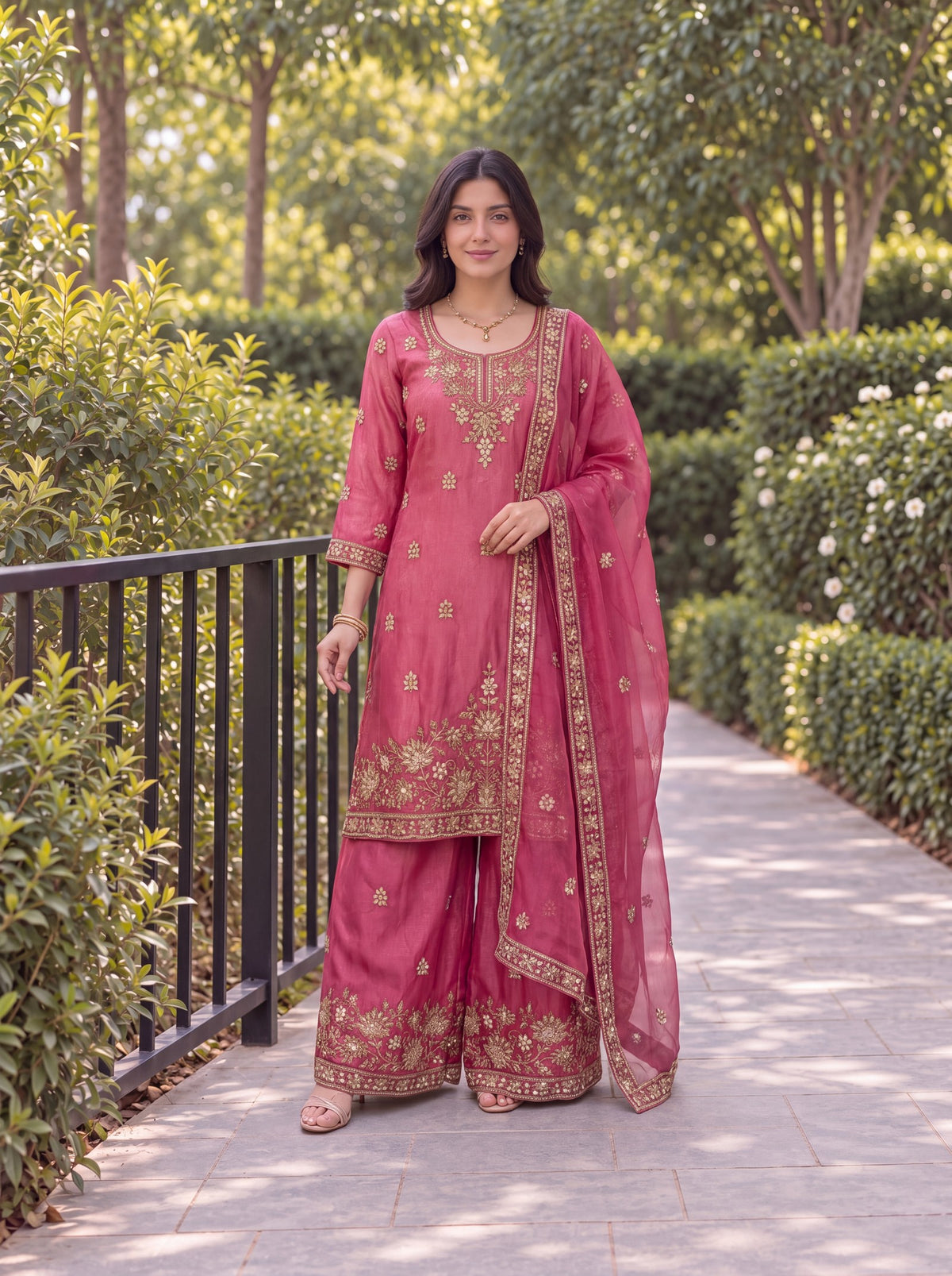 Model wearing the Rose Pink Fendy embroidered three-piece palazzo set in a garden.