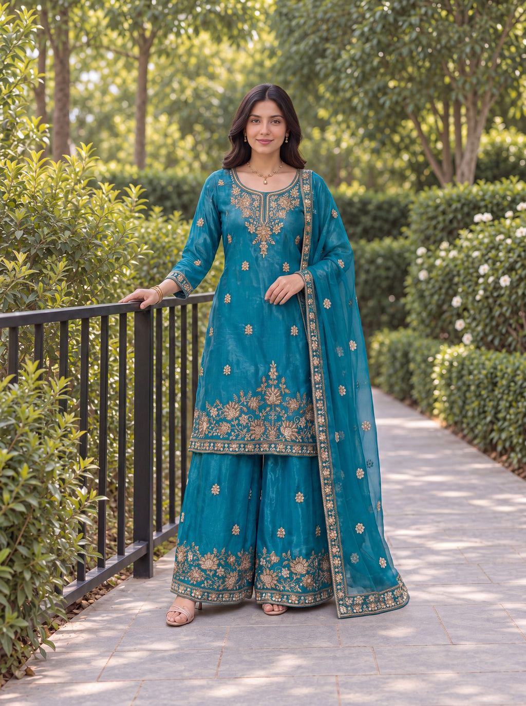 Model wearing the Teal Blue Fendy embroidered three-piece palazzo set in a garden.