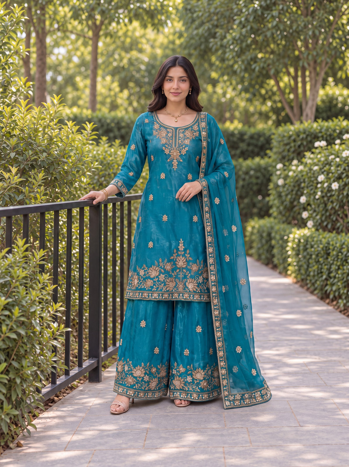 Model wearing the Teal Blue Fendy embroidered three-piece palazzo set in a garden.