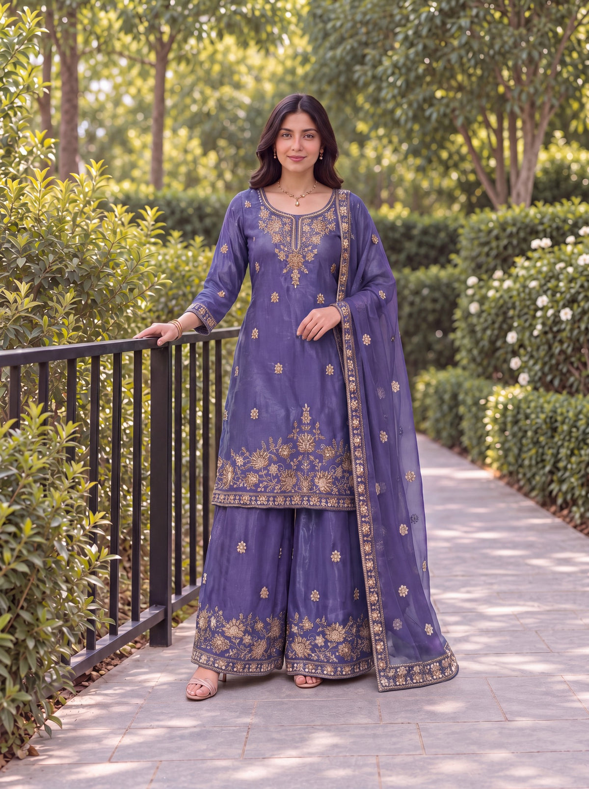 Model wearing the Violet Fendy embroidered three-piece palazzo set in a garden.