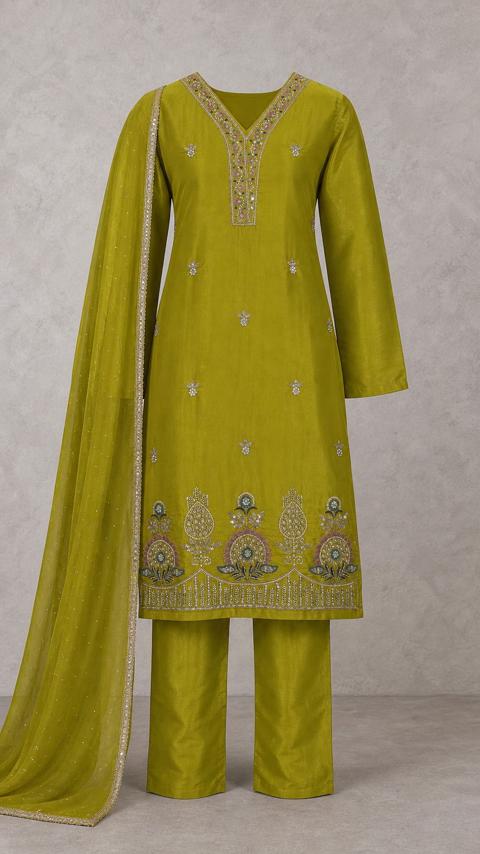 Golden Mehndi Chartreuse embroidered three-piece kurta set — full outfit