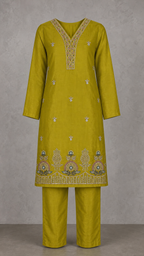 Golden Mehndi Chartreuse embroidered kurta and trousers — clean front