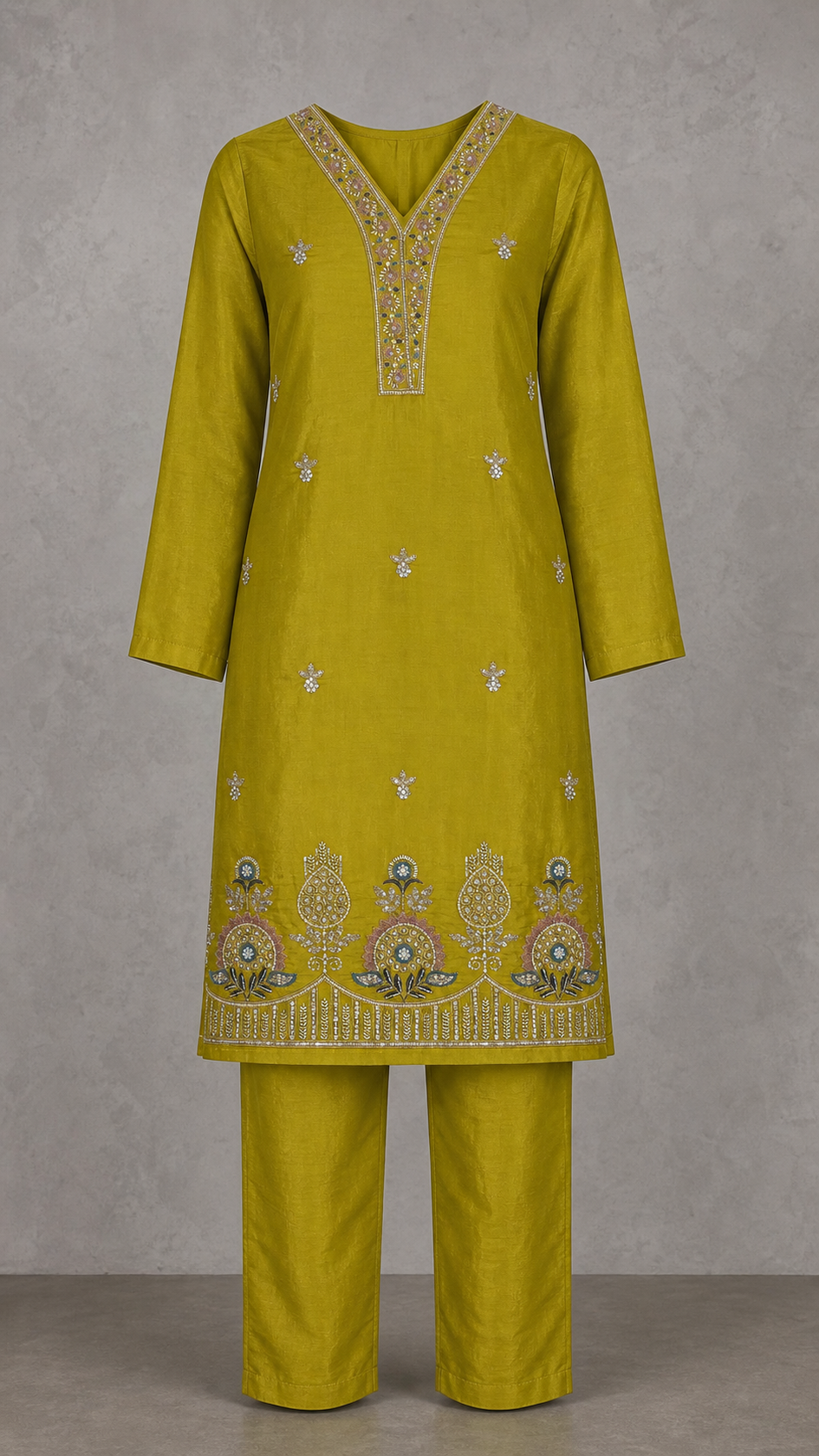Golden Mehndi Chartreuse embroidered kurta and trousers — clean front