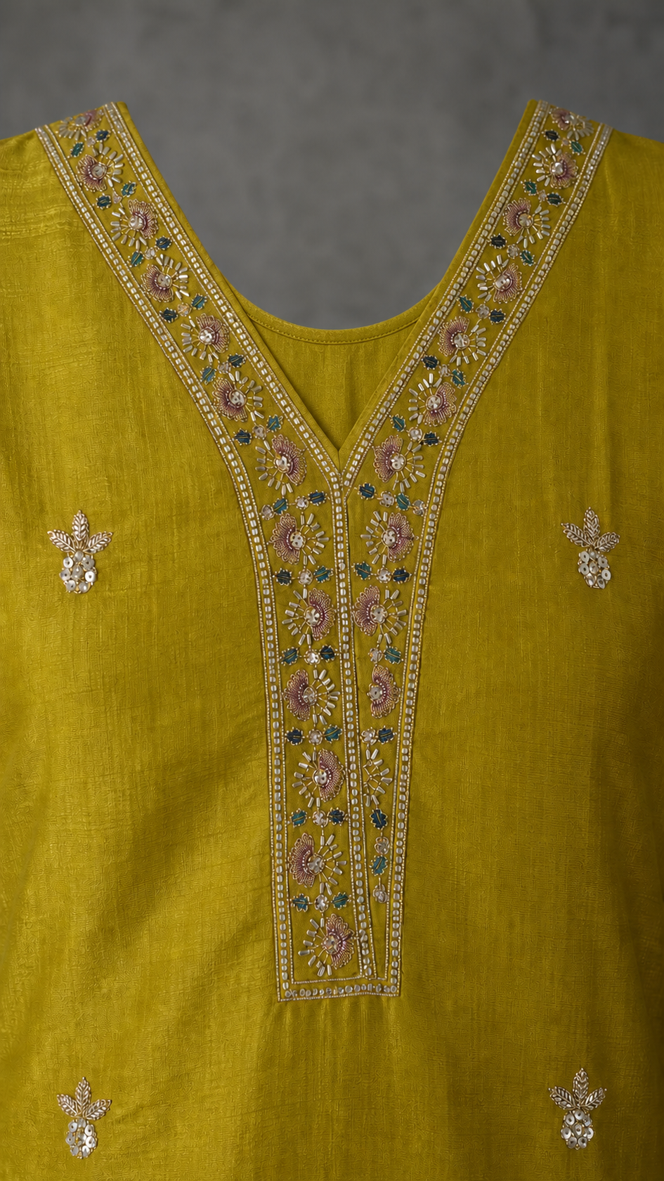 Golden Mehndi Chartreuse embroidered V neckline with visible rear neckline — detail
