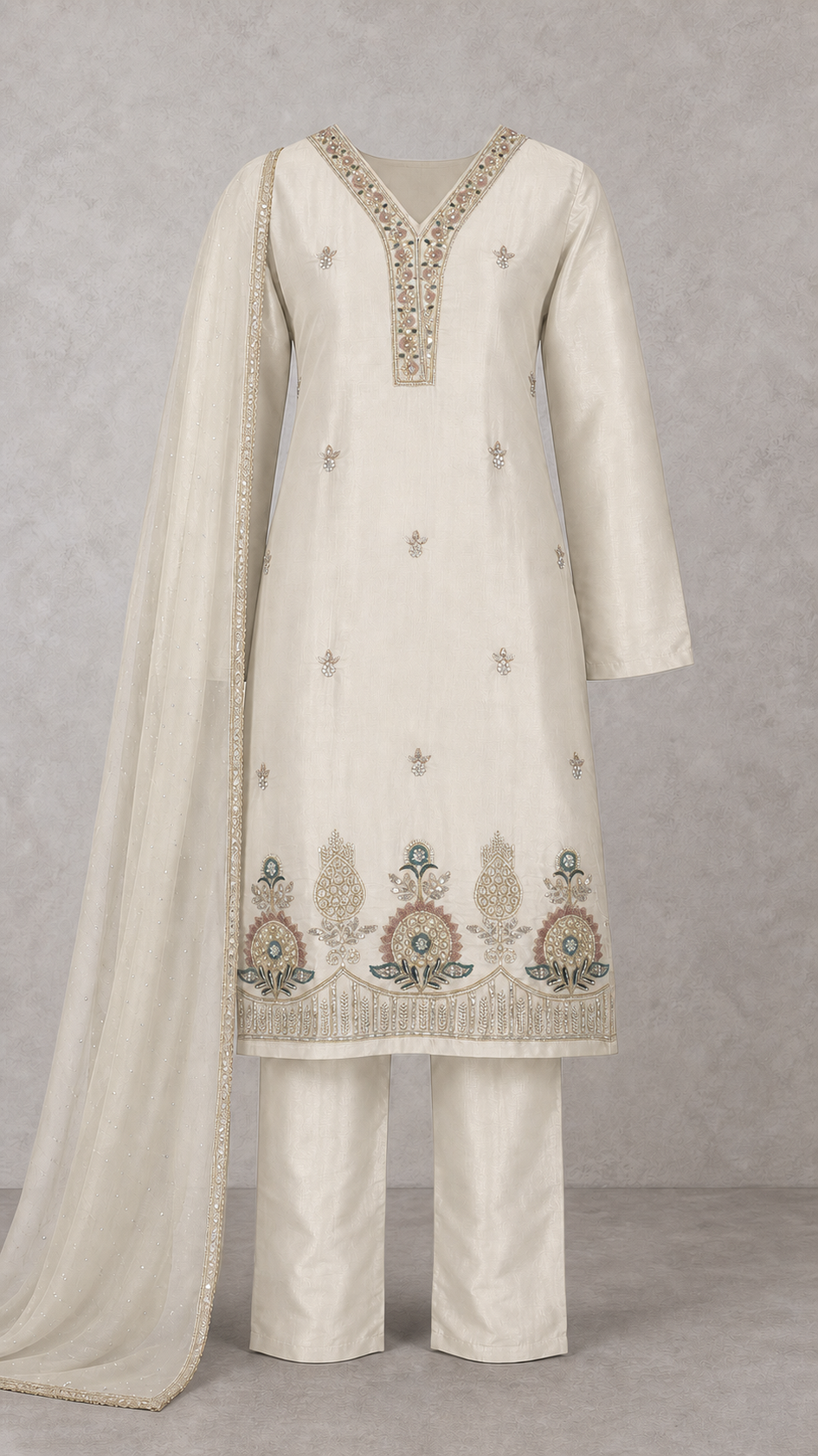 Warm Pearl Ivory embroidered three-piece kurta set — full outfit