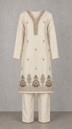 Warm Pearl Ivory embroidered kurta and trousers — clean front