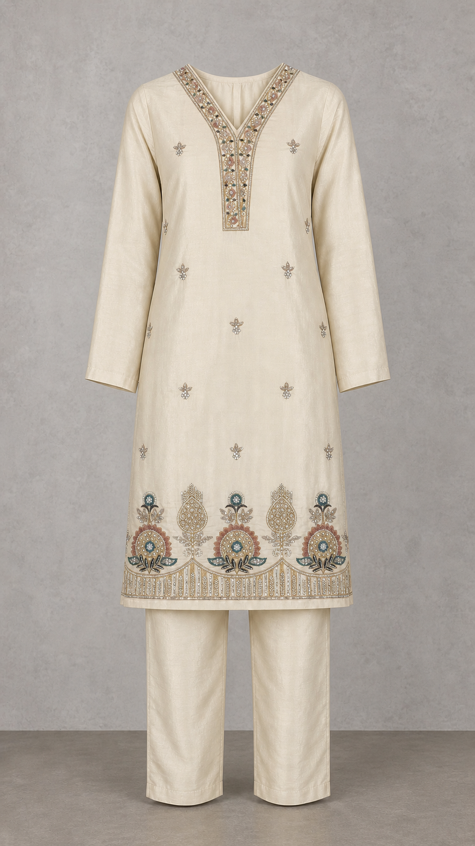 Warm Pearl Ivory embroidered kurta and trousers — clean front