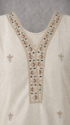 Warm Pearl Ivory embroidered V neckline with visible rear neckline — detail