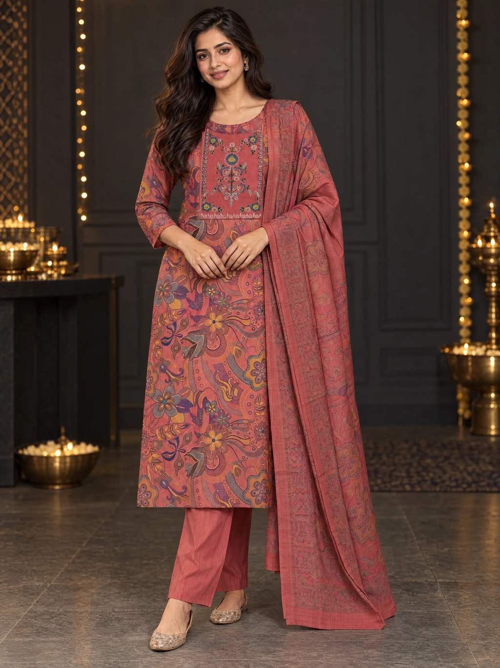 Dusty Rose | Tolo Boho Floral Suit Set | AI-styled model view of the complete printed kurta, plain trousers and matching dupatta