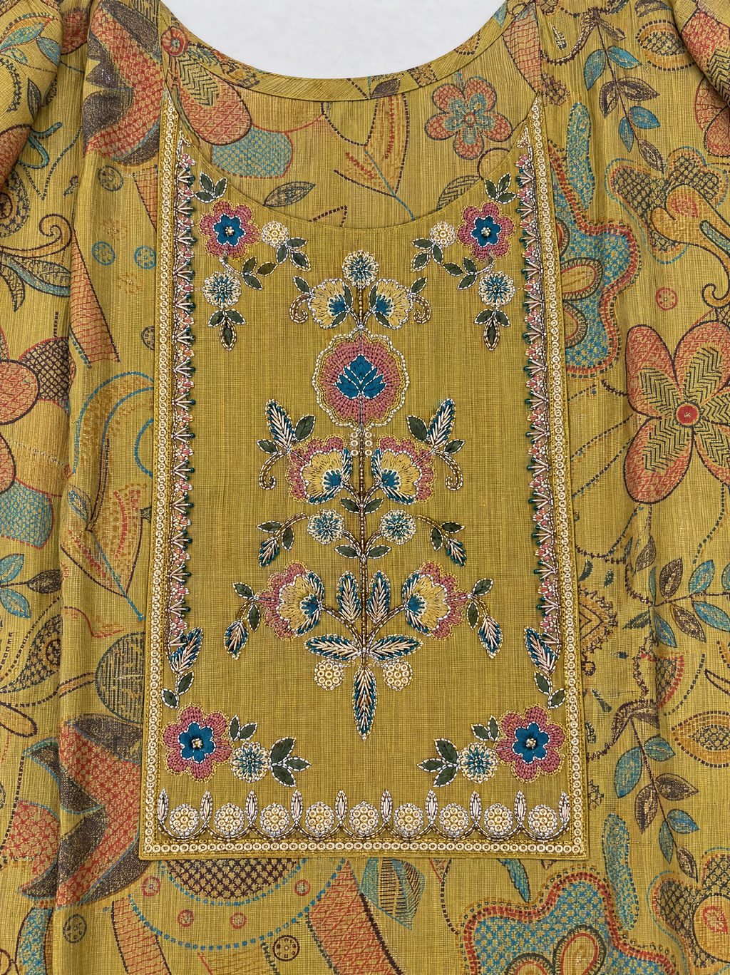Olive Mustard | Tolo Boho Floral Suit Set | embroidered chest panel detail with central teal leaf and floral border