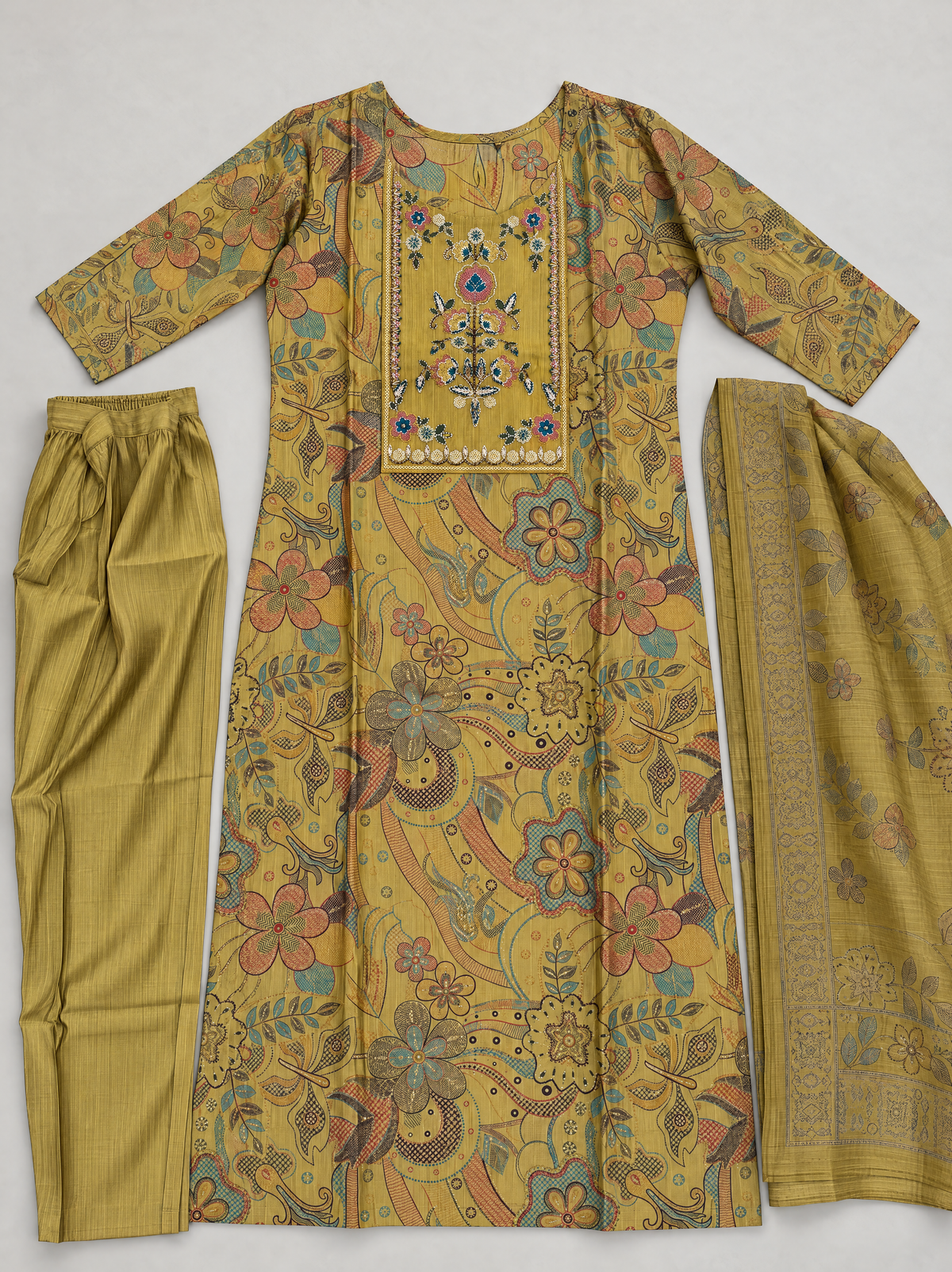 Olive Mustard | Tolo Boho Floral Suit Set | complete three-piece outfit with printed kurta, plain trousers and folded printed dupatta
