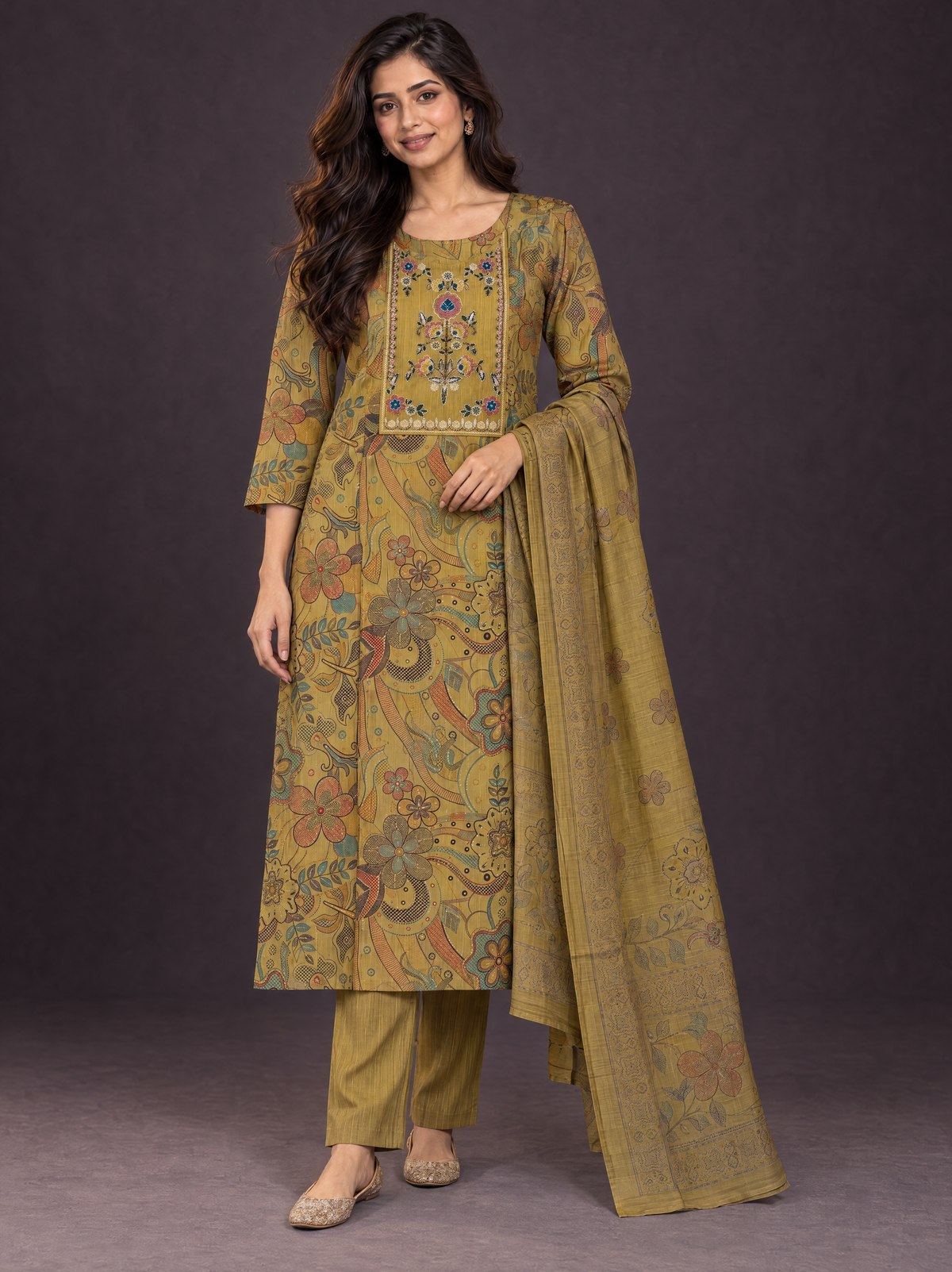 Olive Mustard | Tolo Boho Floral Suit Set | AI-styled model view of the complete printed kurta, plain trousers and matching dupatta