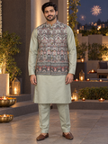 Sage Green | Men's Embroidered Vest Kurta Three-Piece Set | AI-styled model view of the complete embroidered vest, plain kurta and matching trousers