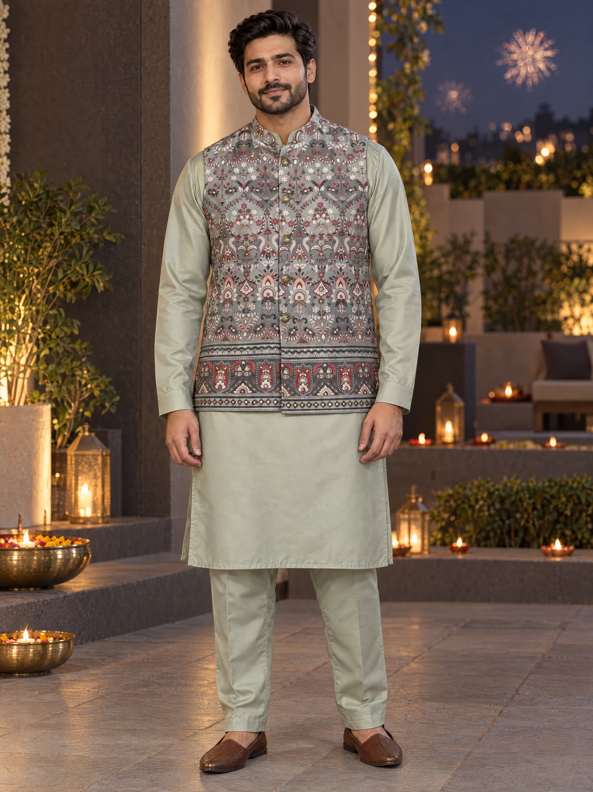 Sage Green | Men's Embroidered Vest Kurta Three-Piece Set | AI-styled model view of the complete embroidered vest, plain kurta and matching trousers
