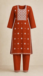 Kesar Rust Plus-Size Cotton Embroidered 3-Piece Set kurta and trousers front view