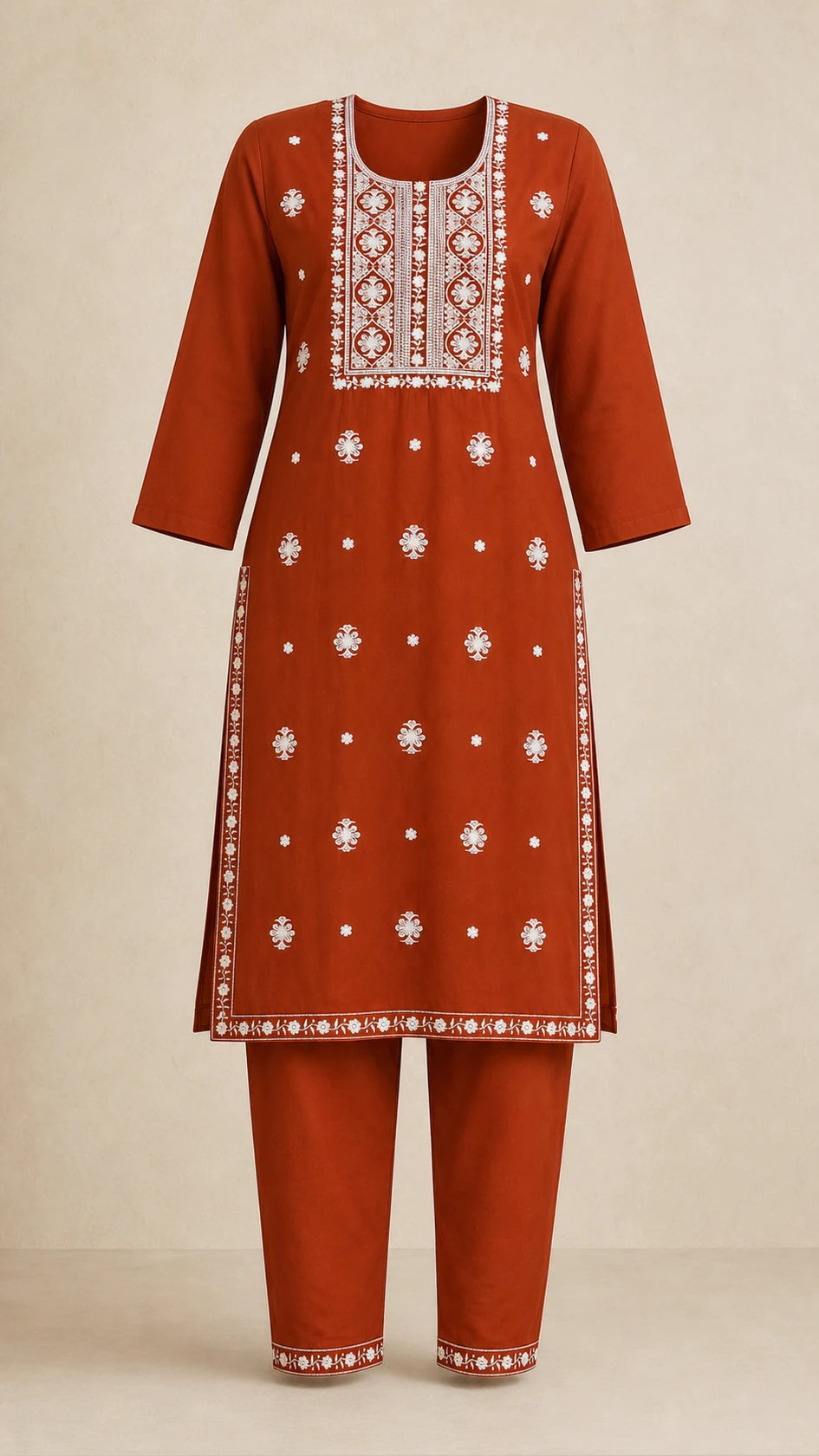 Kesar Rust Plus-Size Cotton Embroidered 3-Piece Set kurta and trousers front view