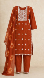 Kesar Rust Plus-Size Cotton Embroidered 3-Piece Set complete three-piece set with dupatta