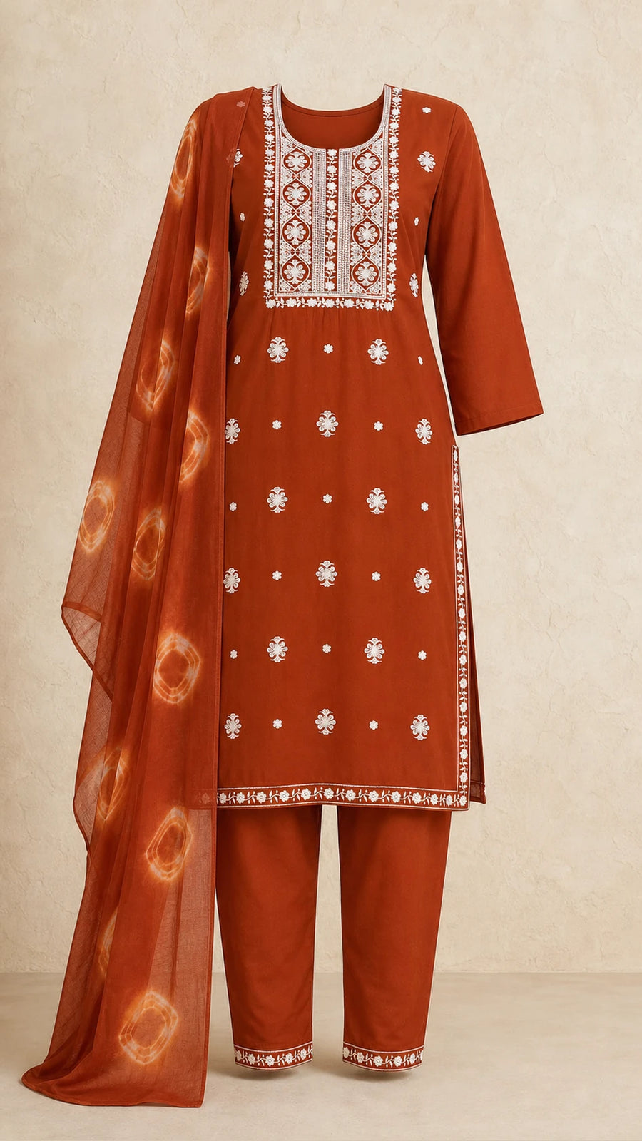 Kesar Rust Plus-Size Cotton Embroidered 3-Piece Set complete three-piece set with dupatta
