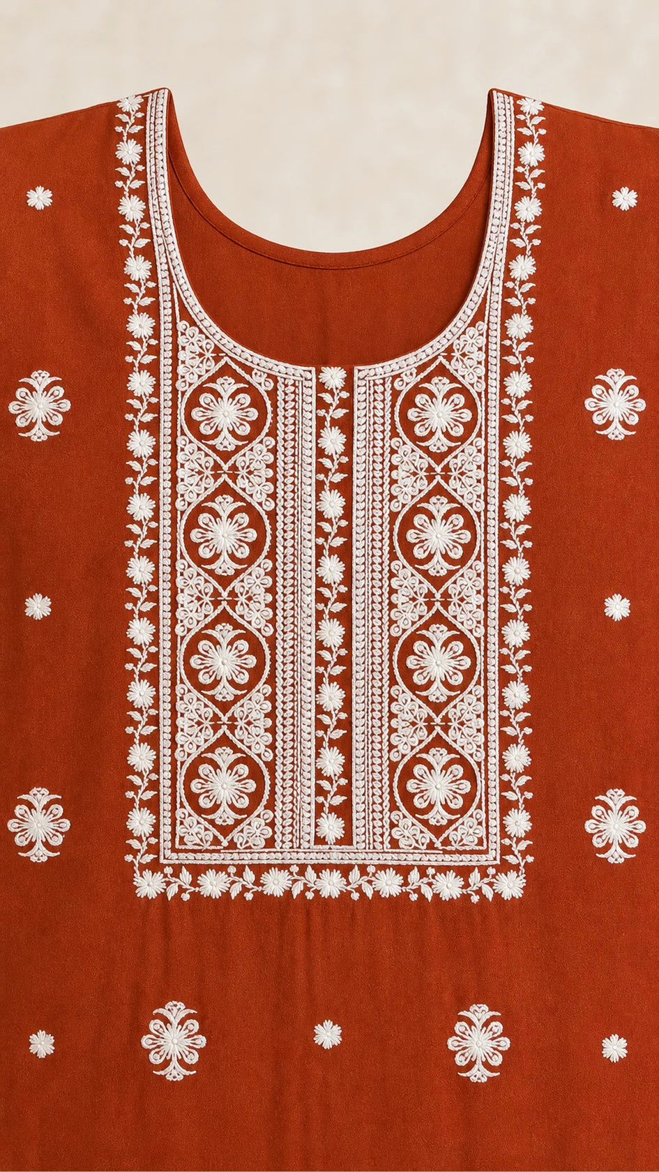 Kesar Rust Plus-Size Cotton Embroidered 3-Piece Set rectangular ivory embroidered yoke detail