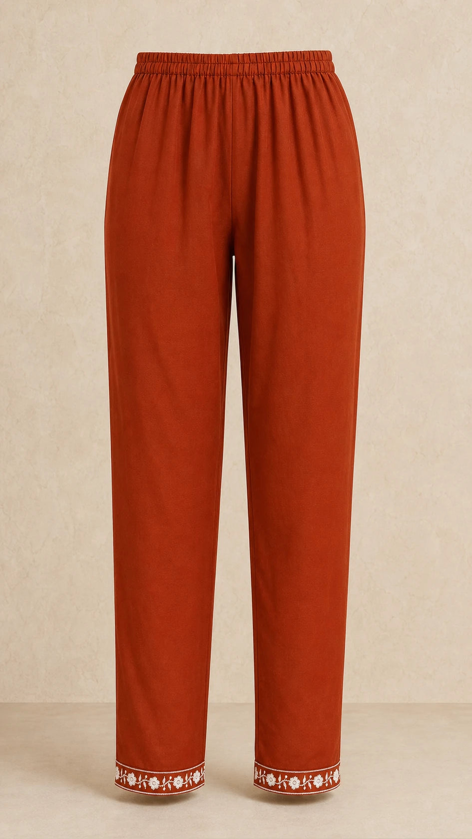 Kesar Rust Plus-Size Cotton Embroidered 3-Piece Set matching rust trousers with embroidered ankles