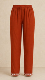 Kesar Rust Plus-Size Cotton Embroidered 3-Piece Set matching rust trousers with embroidered ankles