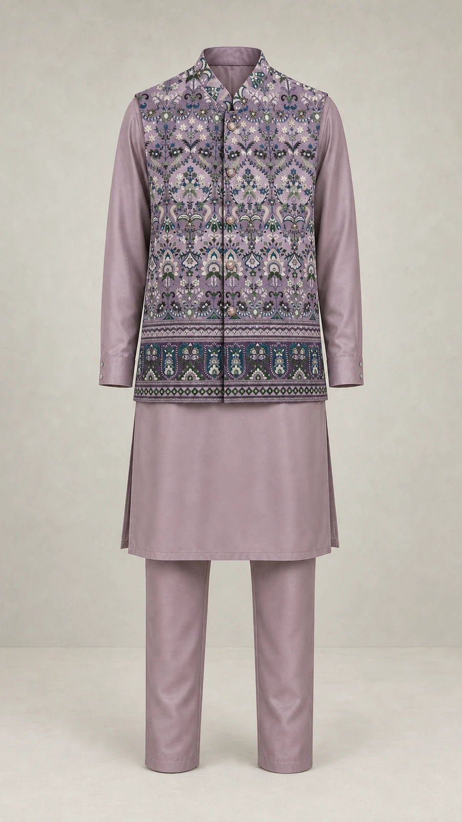 Kent Selection embroidered vest kurta set in Lavender – full outfit front view