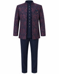 Mayur navy and burgundy three-piece Indo-Western jacket, vest and trouser set