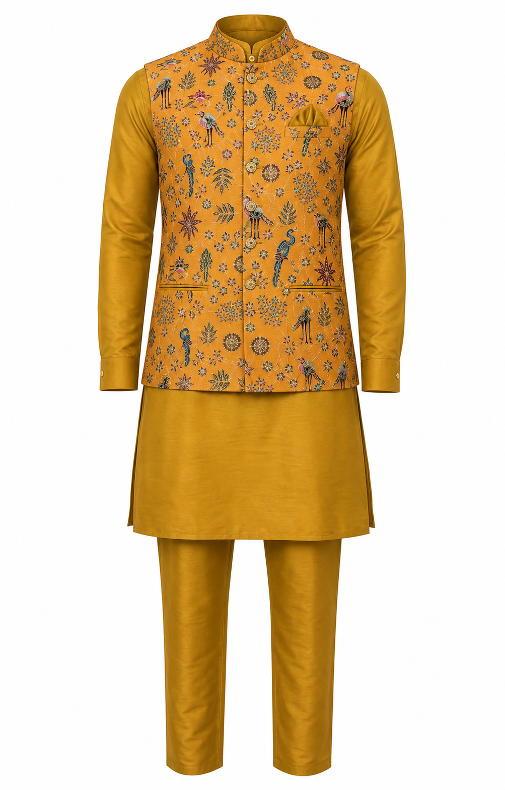 Mustard Aviary Kurta Jacket Set