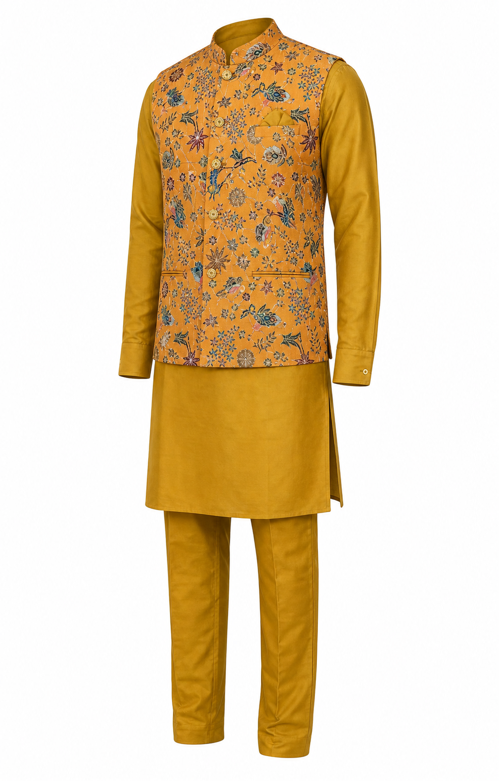 Mustard Aviary Kurta Jacket Set