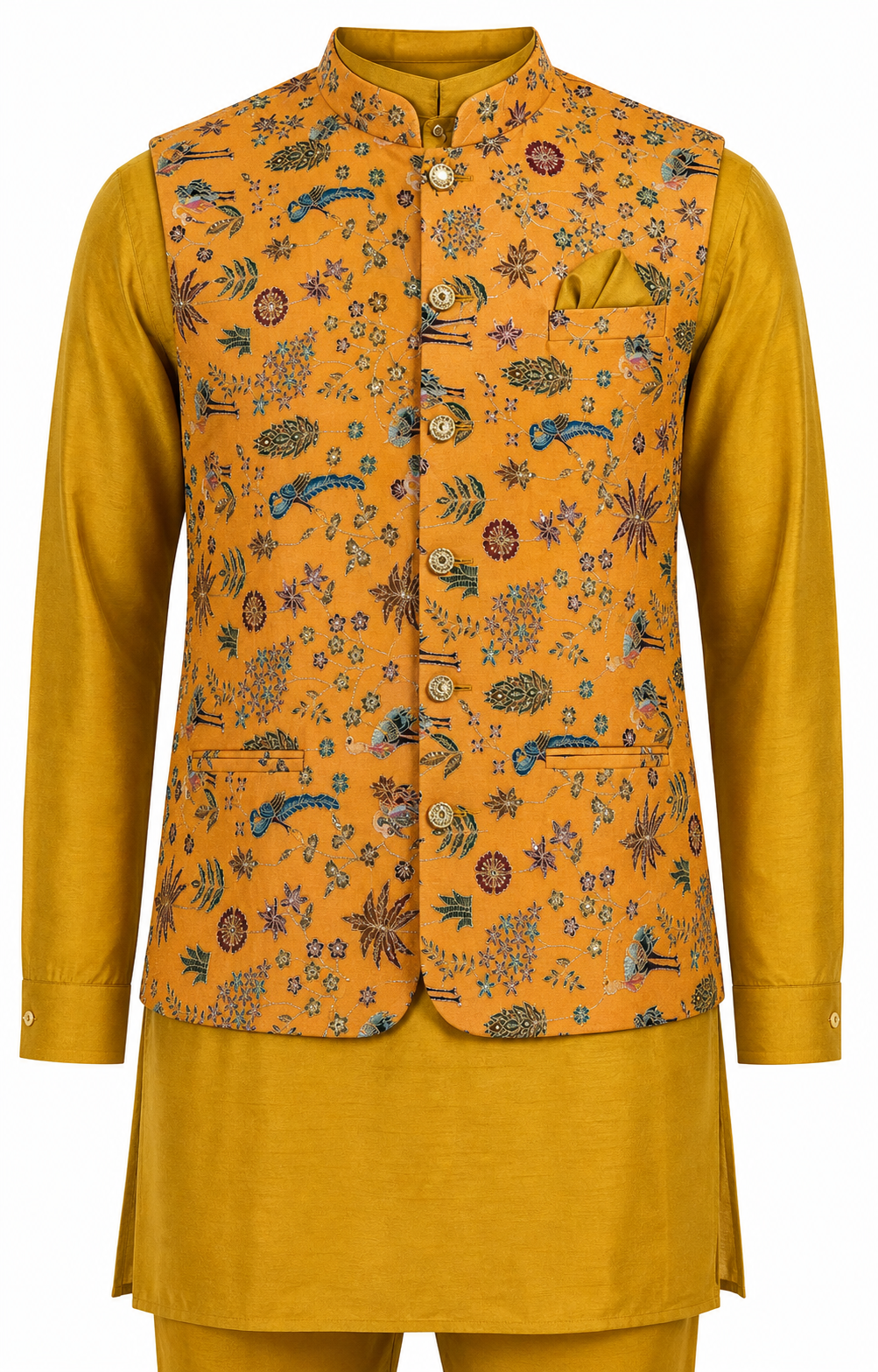 Mustard Aviary Kurta Jacket Set
