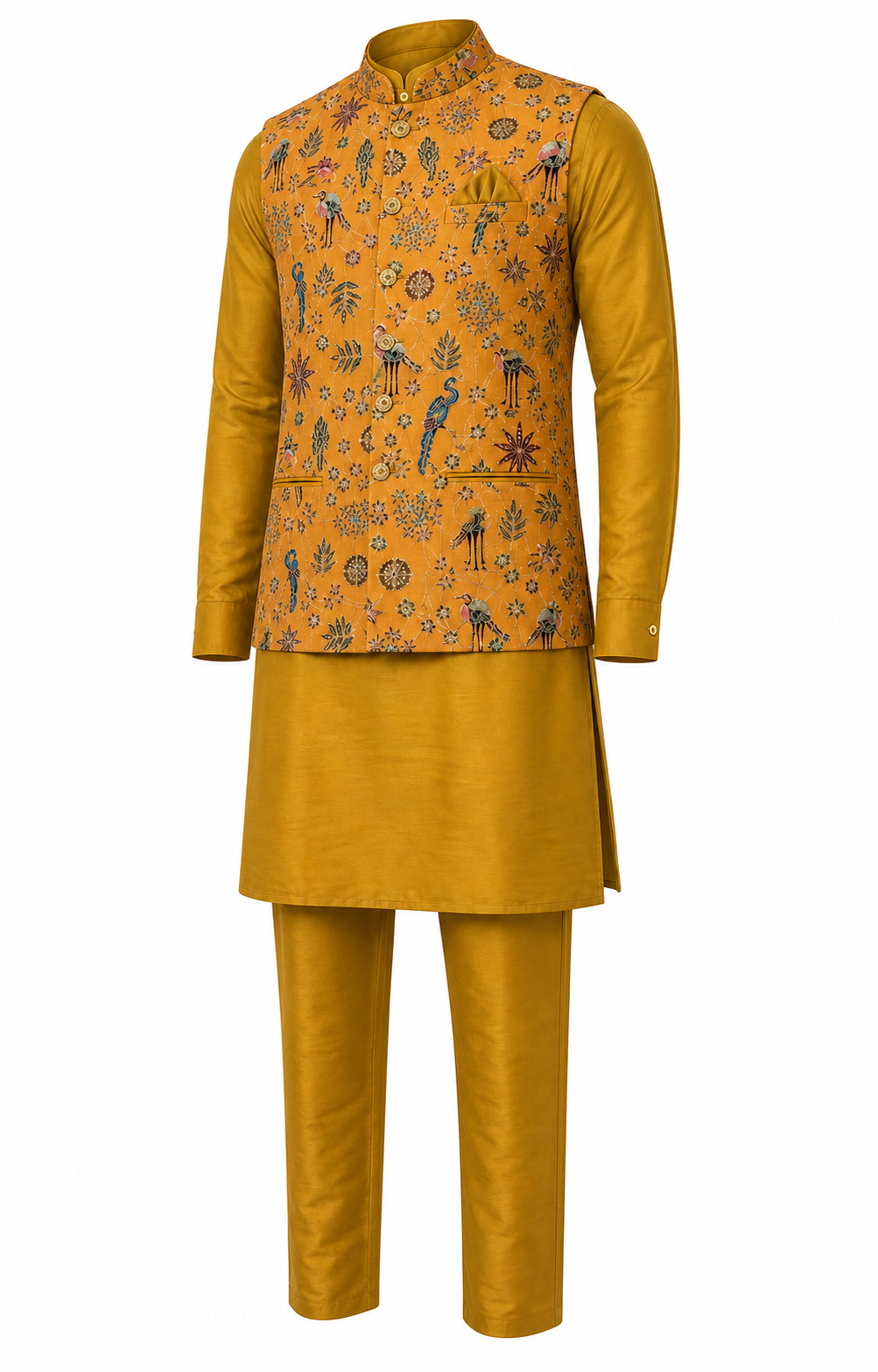 Mustard Aviary Kurta Jacket Set