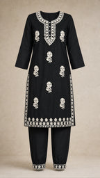Nazm Black & Ivory Plus-Size Cotton Embroidered 3-Piece Set kurta and trousers front view