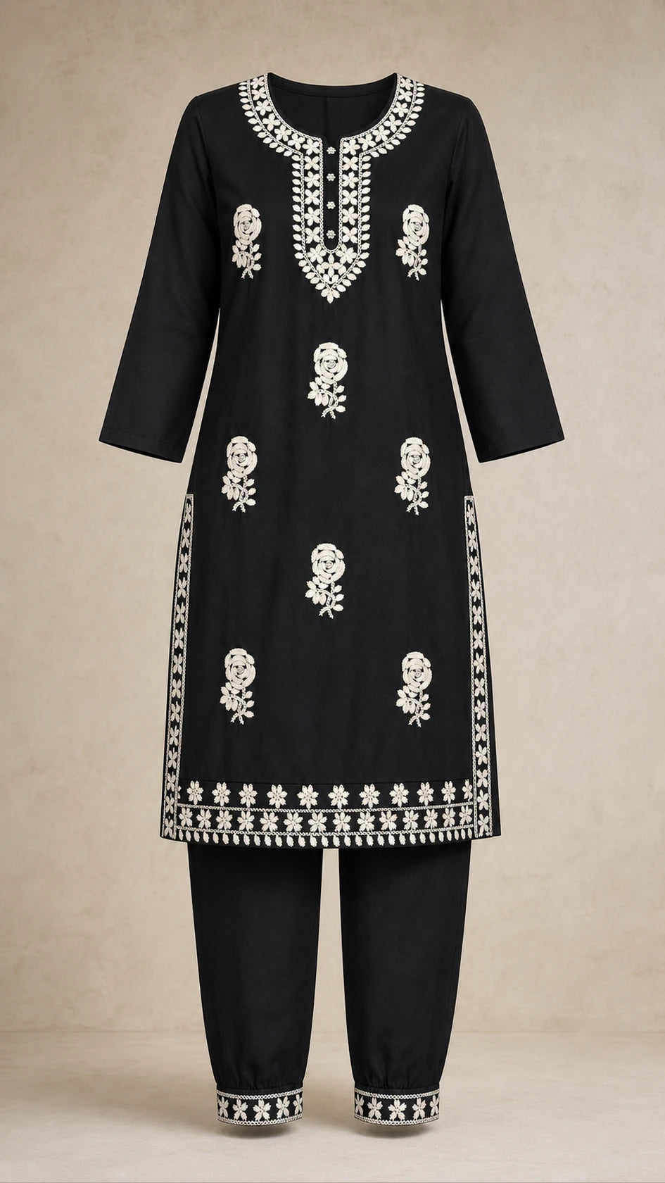Nazm Black & Ivory Plus-Size Cotton Embroidered 3-Piece Set kurta and trousers front view